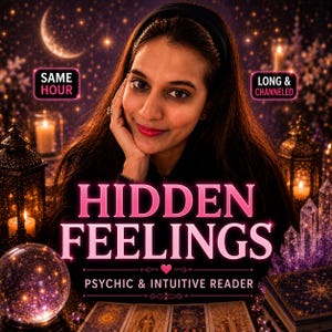 May include: A psychic and intuitive reader with long dark hair, positioned behind a table with tarot cards, a crystal ball, and lanterns. The text reads: SAME HOUR, LONG & CHANNELED, HIDDEN FEELINGS, PSYCHIC & INTUITIVE READER, set against a starry night background.