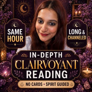 May include: A digital graphic featuring the text SAME HOUR, LONG & CHANNELED, and IN-DEPTH CLAIRVOYANT READING NO CARDS SPIRIT GUIDED. The design uses a dark purple and gold colour palette with celestial motifs, including moons, stars, and crystals.