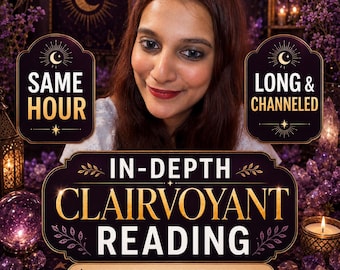 May include: A digital graphic featuring the text SAME HOUR, LONG & CHANNELED, and IN-DEPTH CLAIRVOYANT READING NO CARDS SPIRIT GUIDED. The design uses a dark purple and gold colour palette with celestial motifs, including moons, stars, and crystals.