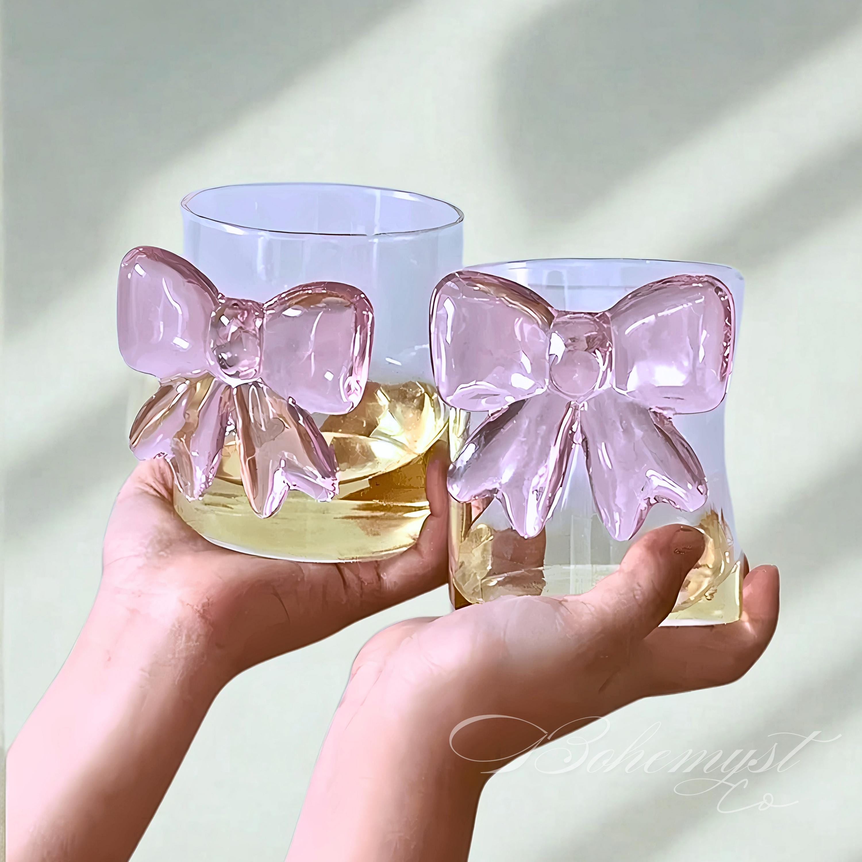 2 Pack Bow Wine Glasses Pink Bow Clear Cocktail Glasses 6.8 Oz Delicate