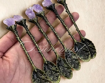 Amethyst Crystal Tea Spoon: Vintage Copper Witch Spoon, Healing Gemstone