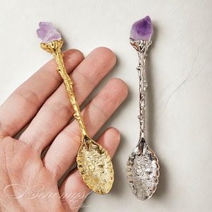 Cuchara de té de cristal de amatista: Cuchara de bruja de cobre vintage