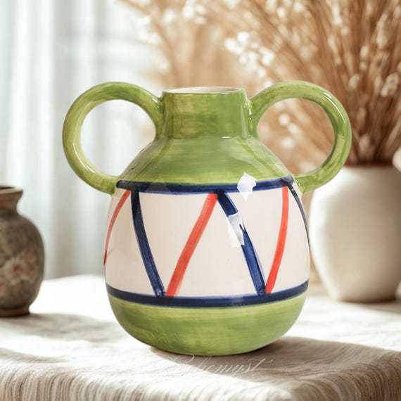 陶器製 陶器製 花器 取っ手付き 茶色と白のストライプ 花器 取っ手付き