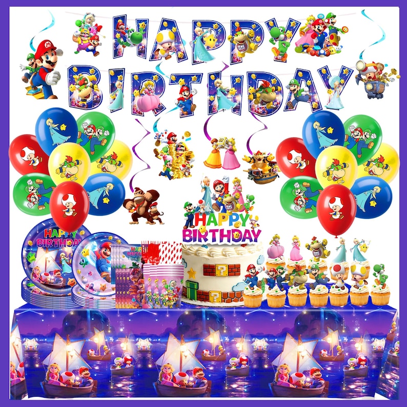 May include: A colorful birthday party scene featuring Super Mario characters. Includes balloons, plates, cups, a cake, and a banner that says "Happy Birthday". The table is covered with a blue tablecloth with a boat design.