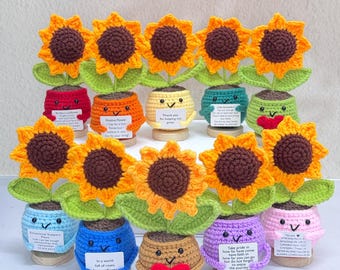 Personalized Crochet Sunflowers with Colorful Flowerpots,Emotional Support Plant,Thank You Gift,Graduation Gift,Gift for Mom/Teacher/Friends