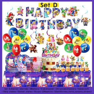 May include: A colorful Super Mario-themed birthday party set. Includes a banner, balloons, cake, cupcakes, plates, cups, napkins, and cutlery. The banner reads "Happy Birthday" with character illustrations. The set is decorated with various Super Mario characters.