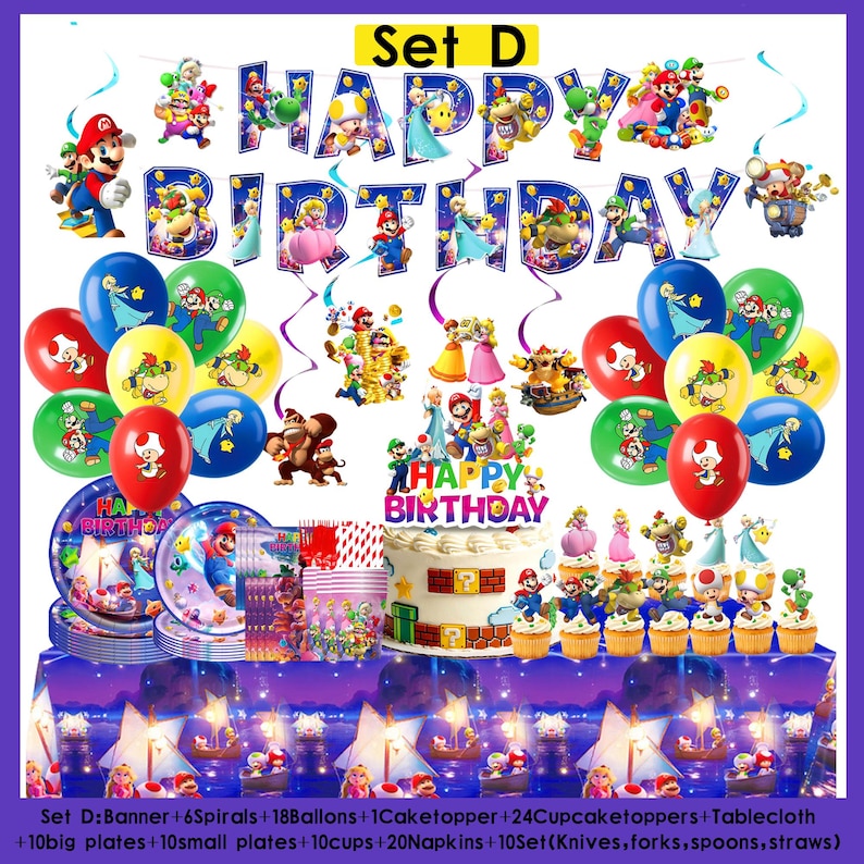 May include: A colorful Super Mario-themed birthday party set. Includes a banner, balloons, cake, cupcakes, plates, cups, napkins, and cutlery. The banner reads "Happy Birthday" with character illustrations. The set is decorated with various Super Mario characters.
