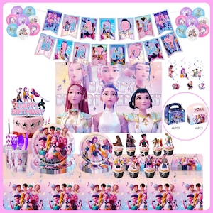 May include: A birthday party decoration set featuring a banner that reads "Happy Birthday", balloons, cake, plates, cups, cupcake toppers, and gift boxes. The set has a pink and purple color scheme.