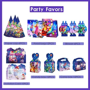 May include: A collection of party favors featuring characters from a popular video game. The set includes paper caps, food bags, blowers, candy boxes, cone boxes, and invitation cards. The text "Party Favors" and item descriptions are visible.