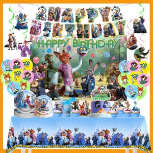May include: A Zootropolis-themed birthday party setup with a banner reading "Happy Birthday". The table is set with plates, cups, and a cake featuring characters from the film. Balloons and decorations complete the festive scene.