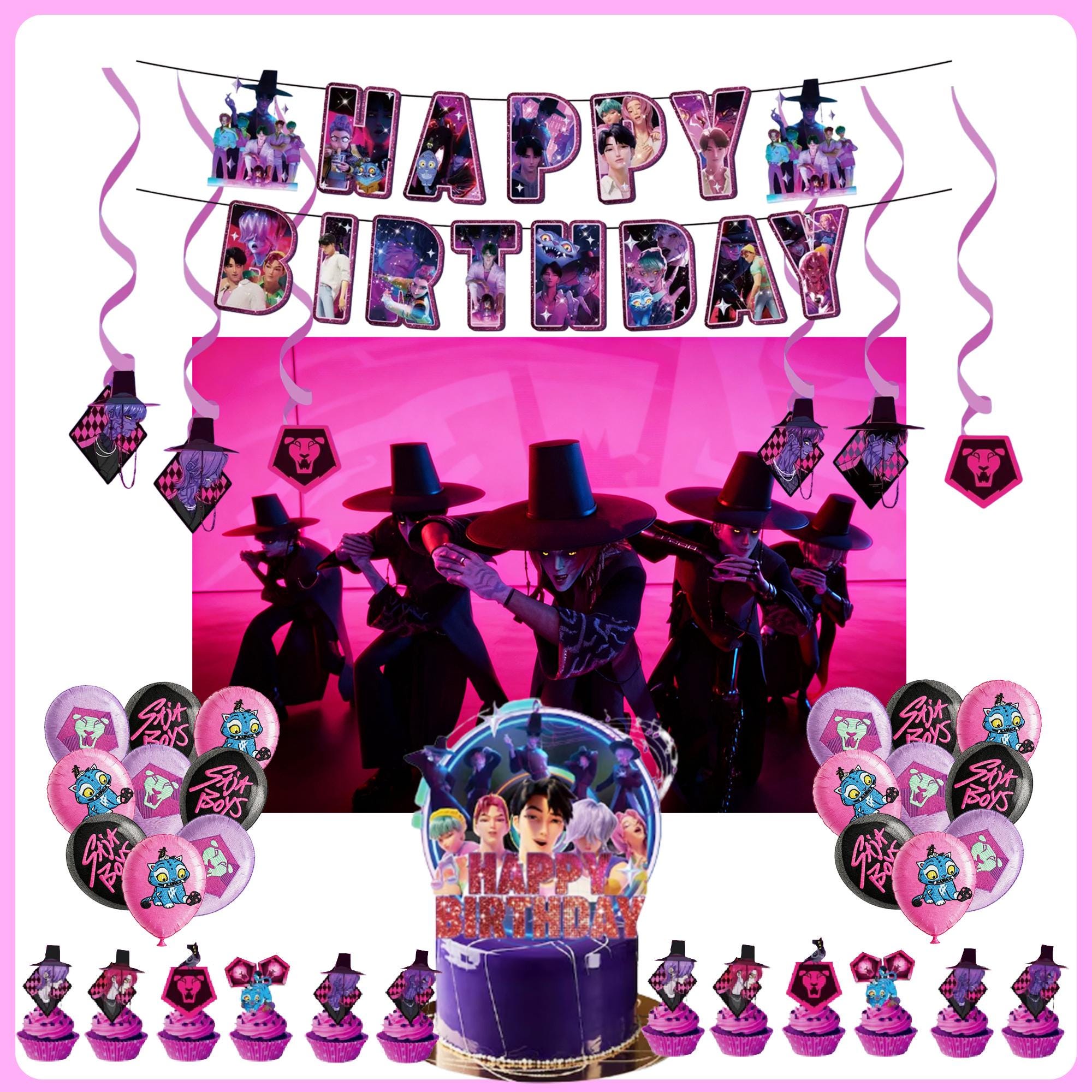 Déco Fête Anniversaire Kpop Demon Hunter - Banderoles, Décorations Gâteau, Ballons, Thème Fan