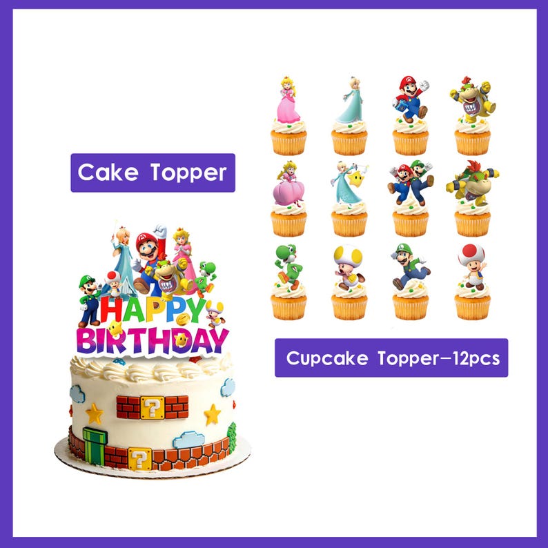 Sup*r Mar*o Theme Birthday Party Decorations - Banner, Cake Topper, Balloons, Tablecloth, Plates & Tableware, Kids Birthday Party Supplies image 5