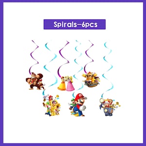 May include: Set of six spiral decorations featuring characters from a popular video game. The decorations include images of Donkey Kong, Princess Peach, Mario, and others, with purple and blue spiral streamers.