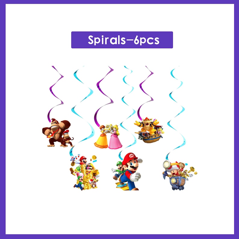 May include: Set of six spiral decorations featuring characters from a popular video game. The decorations include images of Donkey Kong, Princess Peach, Mario, and others, with purple and blue spiral streamers.