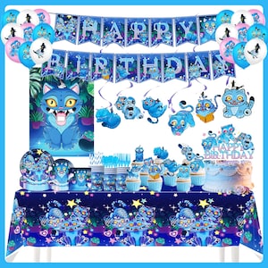 May include: A festive birthday party setup with a blue cat theme. Includes a banner that says "Happy Birthday", balloons, a tablecloth, cupcakes, and a cake. The decorations feature cartoon cat illustrations.
