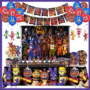 May include: A party decoration set featuring characters from a popular video game. The set includes balloons, banners, cupcake toppers, plates, cups, and a tablecloth. The colour scheme is primarily brown, red, and blue, with various character designs.