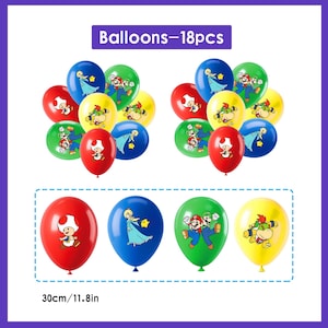 May include: A set of 18 colorful balloons, each featuring cartoon characters. The balloons are red, blue, green, and yellow. The text "Balloons-18pcs" is at the top. The balloons are 11.8 inches in diameter.