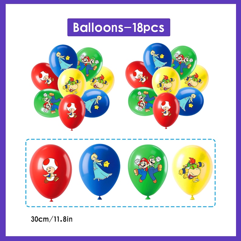 May include: A set of 18 colorful balloons, each featuring cartoon characters. The balloons are red, blue, green, and yellow. The text "Balloons-18pcs" is at the top. The balloons are 11.8 inches in diameter.