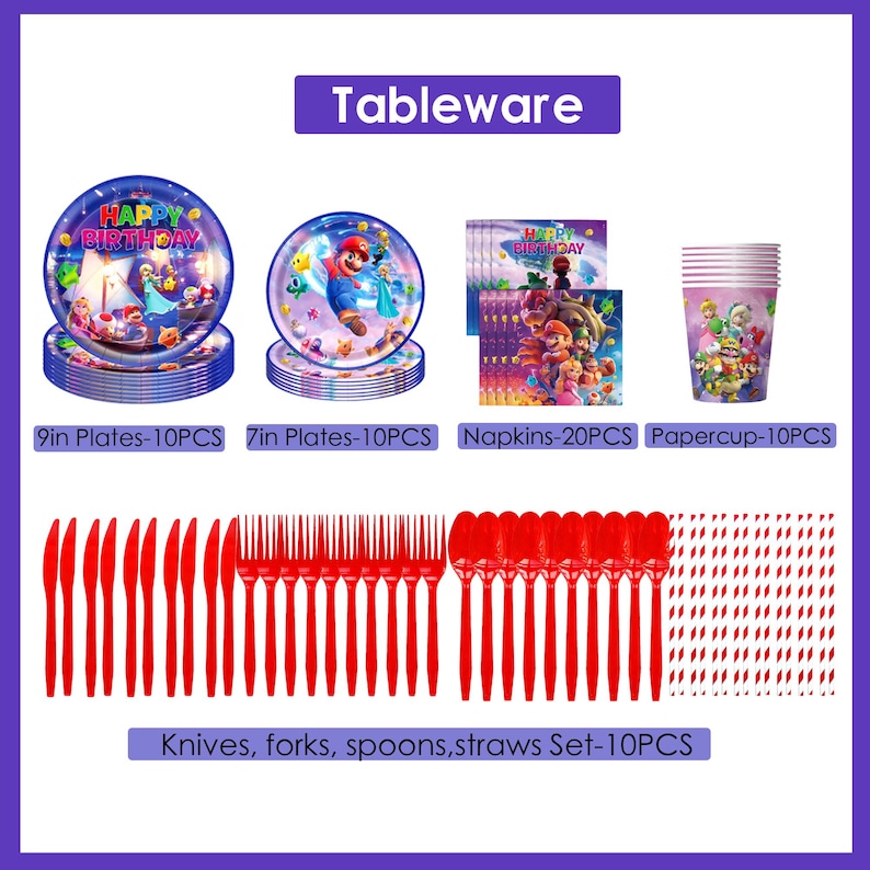 Sup*r Mar*o Theme Birthday Party Decorations - Banner, Cake Topper, Balloons, Tablecloth, Plates & Tableware, Kids Birthday Party Supplies image 7