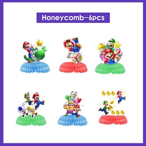 May include: Honeycomb decorations featuring various characters from the Super Mario video game series. Each decoration has a colorful honeycomb base in blue, red, or green. The text "Honeycomb-6pcs" is at the top.