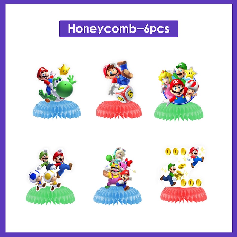 May include: Honeycomb decorations featuring various characters from the Super Mario video game series. Each decoration has a colorful honeycomb base in blue, red, or green. The text "Honeycomb-6pcs" is at the top.