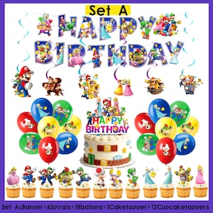 May include: A birthday party decoration set featuring a banner with "Happy Birthday" text, balloons, a cake, and cupcakes. The decorations have a colorful theme with cartoon characters. The set includes a banner, spirals, balloons, a cake topper, and cupcake toppers.