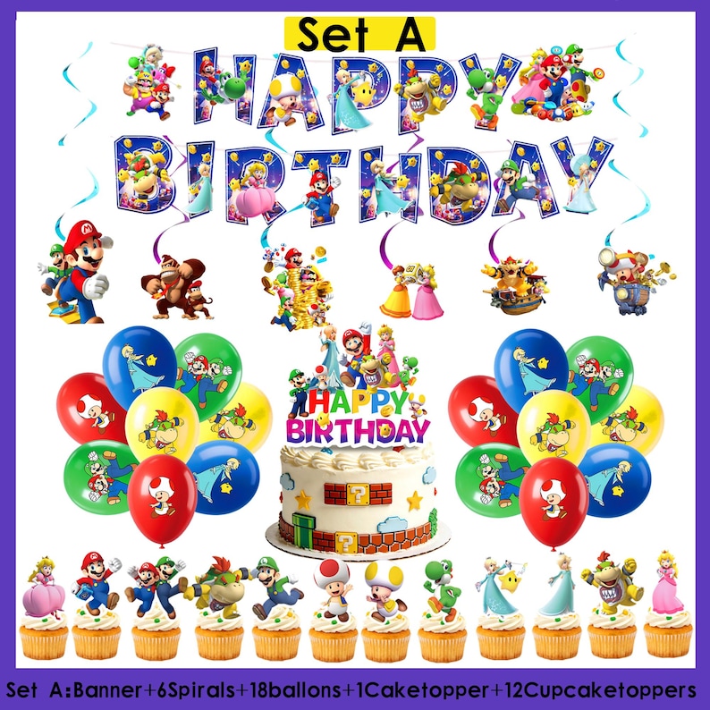 May include: A birthday party decoration set featuring a banner with "Happy Birthday" text, balloons, a cake, and cupcakes. The decorations have a colorful theme with cartoon characters. The set includes a banner, spirals, balloons, a cake topper, and cupcake toppers.