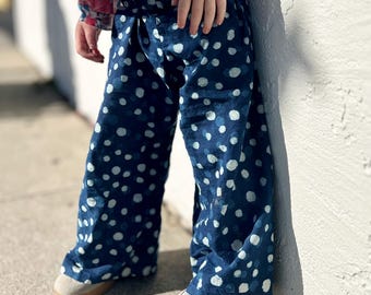 Handmade Block Print Kids Pants | 100% Cotton Toddler Wide Leg Pants | Indian Cotton Children's Trousers | Unisex Play Pants - polkadot