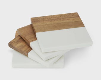 Personalized Marble & Wood Coaster Set | Custom Engraved Coasters | Realtor Closing Gift • Housewarming • Wedding