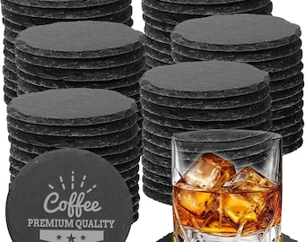 Personalized Round Slate Coasters | Custom Engraved Stone Coaster Set | Realtor Gift • Modern Home Decor