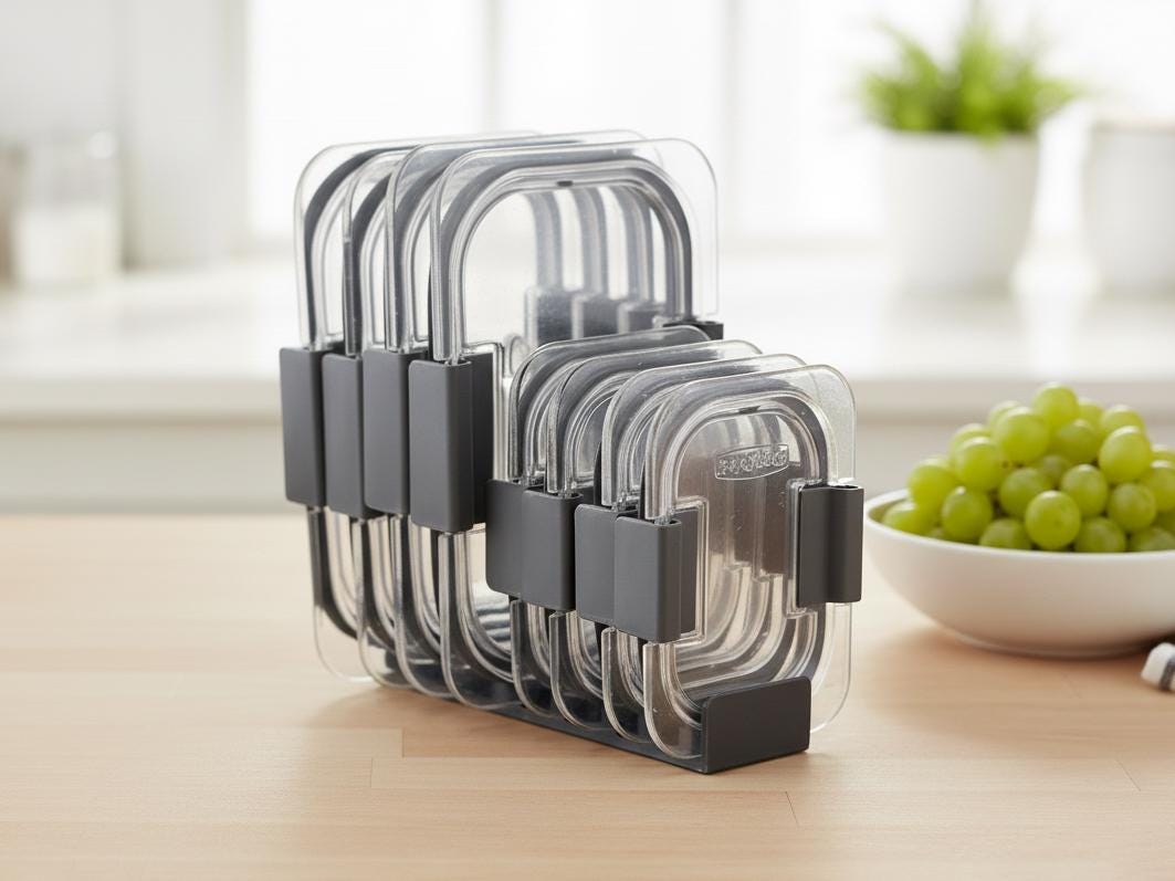 Rubbermaid Brilliance Lid Holder | Vertical Cabinet Organizer | 3D Printed Space Saving Rack for Small & Large Lids - Translucent, 16 Lid Standard