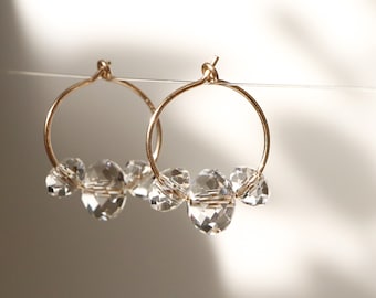 Brincos de argola com cristais, em ouro 14k ou prata de lei (16 mm)