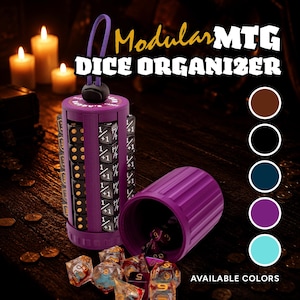 May include: A purple modular dice organizer with a purple cord loop, holding stacks of black dice with white 1/+1 markings. A matching purple cylindrical cap lies nearby, with several multi-colored translucent dice scattered in front. Text reads Modular MTG DICE ORGANIZER.