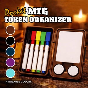 May include: A brown Pocket MTG Token Organizer, open to display a white dry-erase board and two circular spaces. The organizer contains six colored markers: black, red, yellow, green, and blue. Available in various colors.