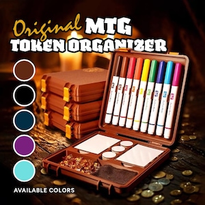 May include: A brown MTG Token Organizer with the text "Original MTG TOKEN ORGANIZER." The open case reveals colorful dry-erase markers, white squares, and small round tokens. Available in brown, black, navy, purple, and turquoise.