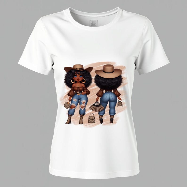 May include: White t-shirt featuring a cartoon illustration of two women. The women are depicted with brown skin, curly black hair, and wearing brown hats, tops, ripped blue jeans, and boots. They are also holding purses and fans.