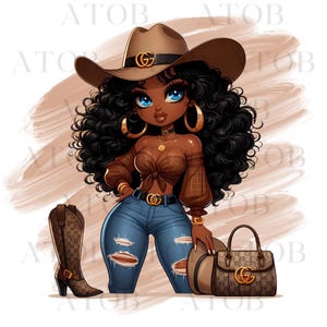 May include: Digital illustration of a stylish cowgirl with dark skin, curly black hair, and blue eyes. She wears a brown cowboy hat, a brown top, blue jeans, and cowboy boots. A matching handbag completes the look.