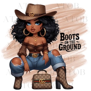 May include: Illustration of a cartoon woman wearing a brown cowboy hat, off-the-shoulder top, ripped jeans, and cowboy boots. She is holding a purse and has the text "Boots on the Ground" next to her.