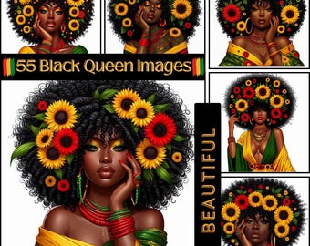 55 Beautiful Black Women PNG Big Hair Afro Melanin Queen Clipart Black Girl Magic PNG Black Girl Sublimation Digital Download Black Owned