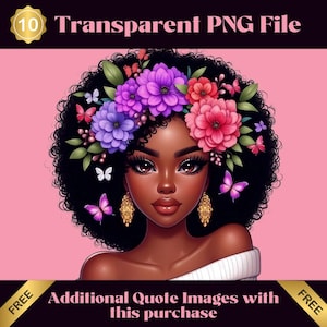 10 Afro Woman ClipArt, Afro-Amerikaanse png, Afro Black Girl-clipart, pop kleurrijke bloemen, bloemen, vlinderontwerp, 9 gratis clipart
