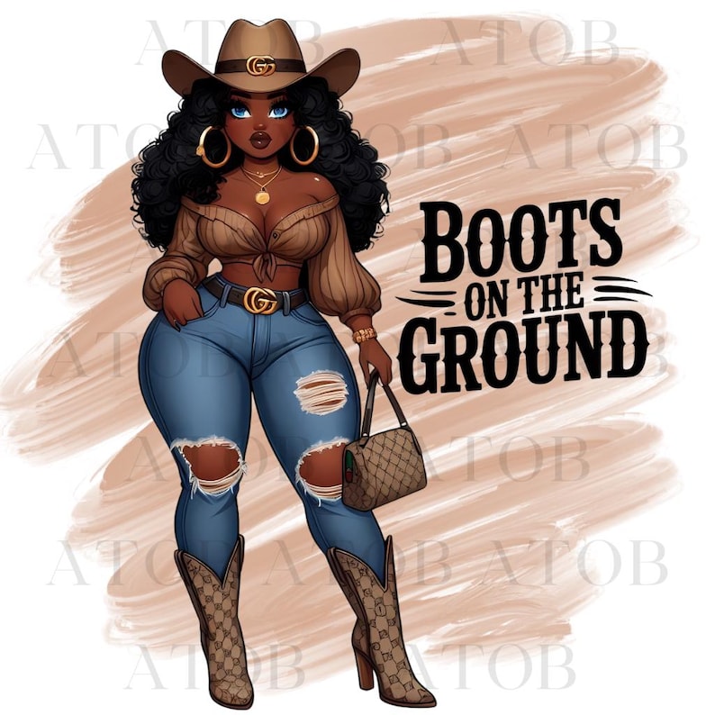 May include: Illustration of a woman in a brown cowboy hat, top, and boots, paired with blue jeans. She is wearing gold hoop earrings and a necklace. The image includes the text "Boots on the Ground."