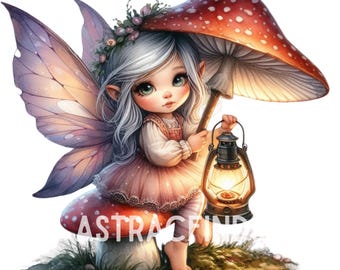 Aquarell Fee auf Pilz Clipart | Hohe Auflösung 10 JPGs 300DPI Scrapbooking Junk Journals, Card Making, Fantasy, Kommerzielle Nutzung
