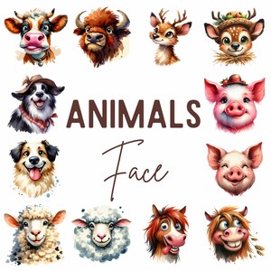 Tier Gesicht Clipart | Hochwertiges 30er-Set PNG 300 DPI | Druckbare Clipart Bundle Kinderzimmer Tiere Clipart Digitale Aufkleber Papiermodelle
