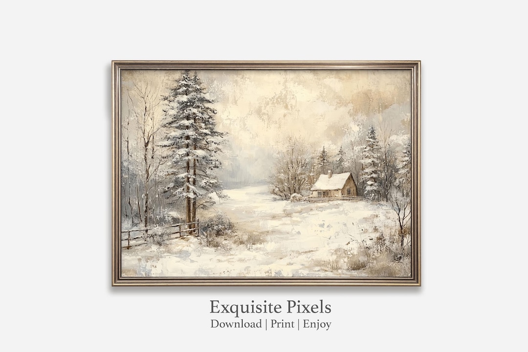 Winter Cabin Wall Art | Rustic Snowy Forest Scene | Neutral Holiday ...