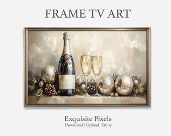 Arte de Celebração de Champanhe | Frame TV Digital Download | Decoração Festiva de Natal com Enfeites Dourados e Elegância Brilhante
