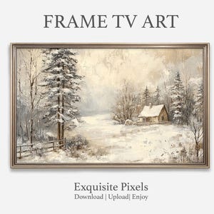Könnte beinhalten: Ein gerahmter digitaler Kunstdruck mit dem Titel "FRAME TV ART", der eine Winterlandschaft mit schneebedecktem Feld, Bäumen und einem kleinen Haus zeigt. Das Kunstwerk hat eine gedämpfte Farbpalette und ist in einem goldfarbenen Rahmen gerahmt. Der Text "Exquisite Pixels" steht unten.