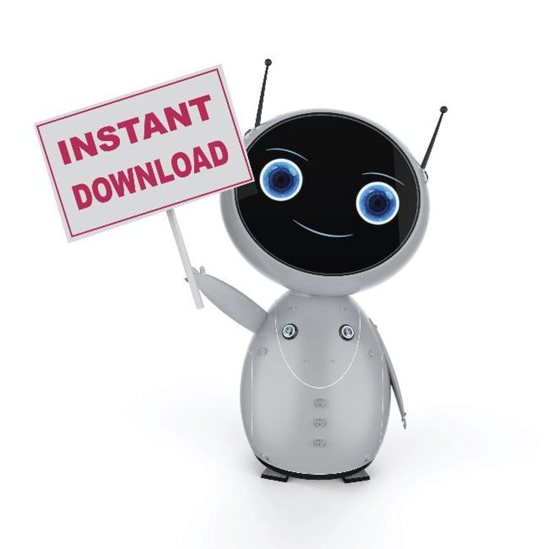 Puede incluir: Un peque&ntilde;o robot plateado y redondo con cara negra, dos ojos azules y dos antenas, que sostiene un cartel rectangular blanco con borde rojo que muestra el texto INSTANT DOWNLOAD en letras may&uacute;sculas rojas sobre fondo blanco.