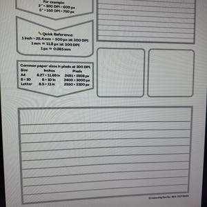 Puede incluir: Una hoja de referencia digital blanca con texto negro y bordes grises. Incluye secciones sobre DPI y p&iacute;xeles, una gu&iacute;a de referencia r&aacute;pida y una tabla de tama&ntilde;os de papel comunes en p&iacute;xeles a 300 DPI. El documento contiene &aacute;reas de notas.
