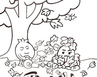 Puede incluir: Ilustración en blanco y negro de dos personajes de dibujos animados debajo de un árbol. Un personaje usa un soplador de hojas. El texto "The Tipsy'd Life" está en la parte inferior.