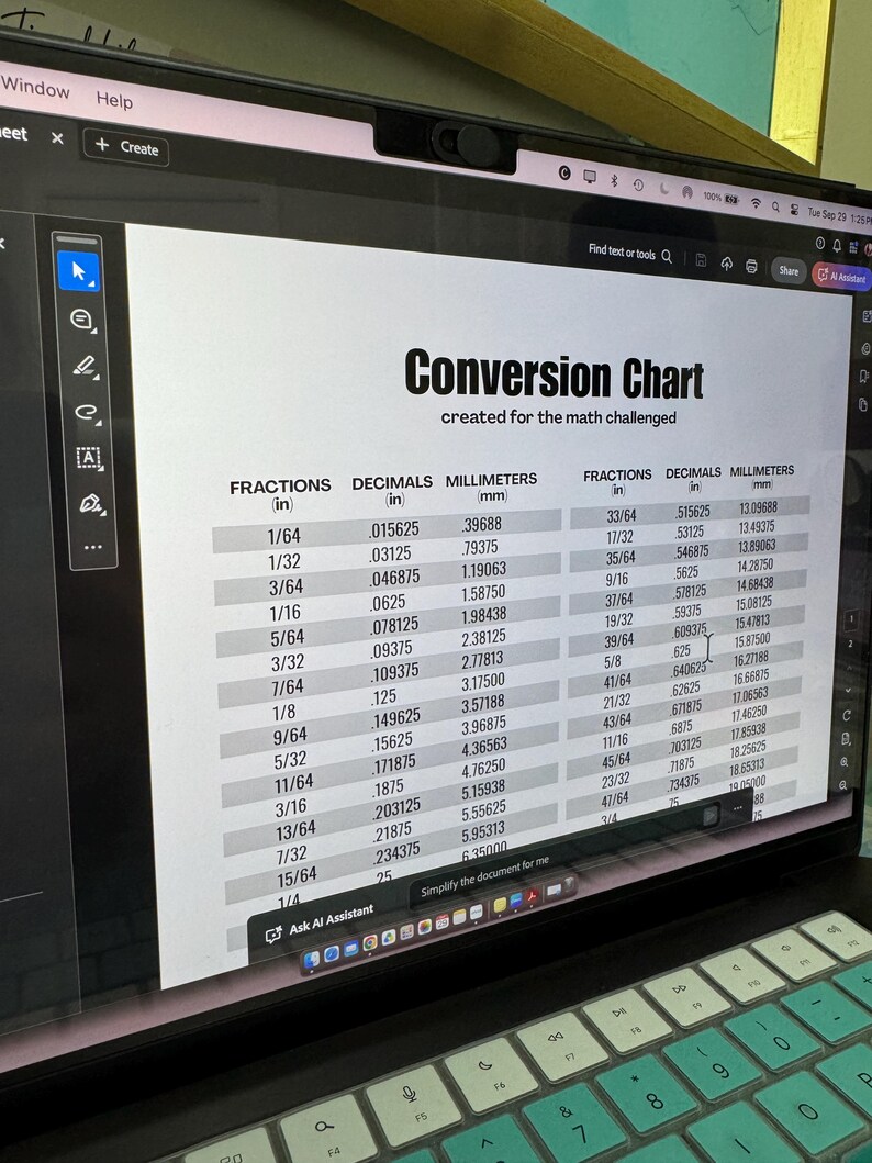Puede incluir: Una tabla de conversi&oacute;n digital mostrada en la pantalla de una computadora port&aacute;til titulada Conversion Chart created for the math challenged. La tabla enumera fracciones en pulgadas, decimales en pulgadas y mil&iacute;metros de 1/64 a 3/4.